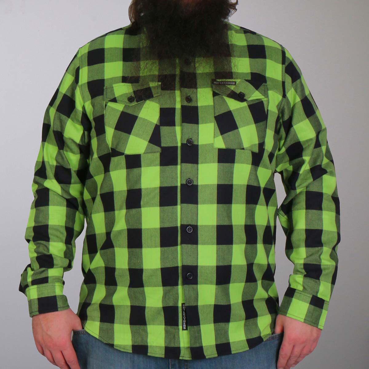 Men's "Black Crest" Black/Green Plaid Flannel Shirt - Cotton Button Up Workwear - FLM2005
