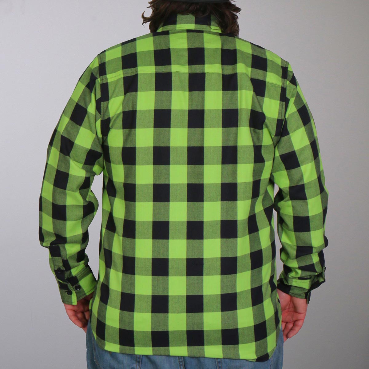 Men's "Black Crest" Black/Green Plaid Flannel Shirt - Cotton Button Up Workwear - FLM2005