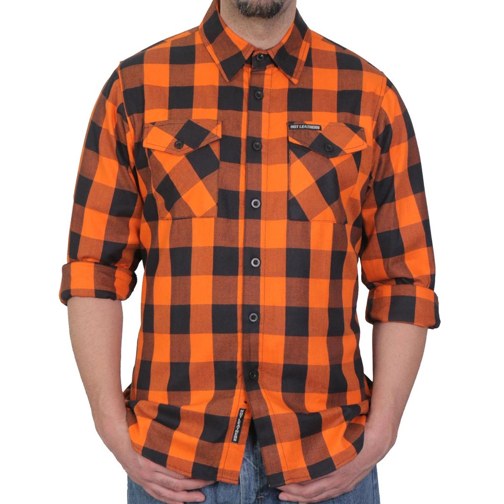 Men's "Road Vow" Orange/Black Plaid Flannel Shirt - Cotton Button Up Workwear - FLM2007