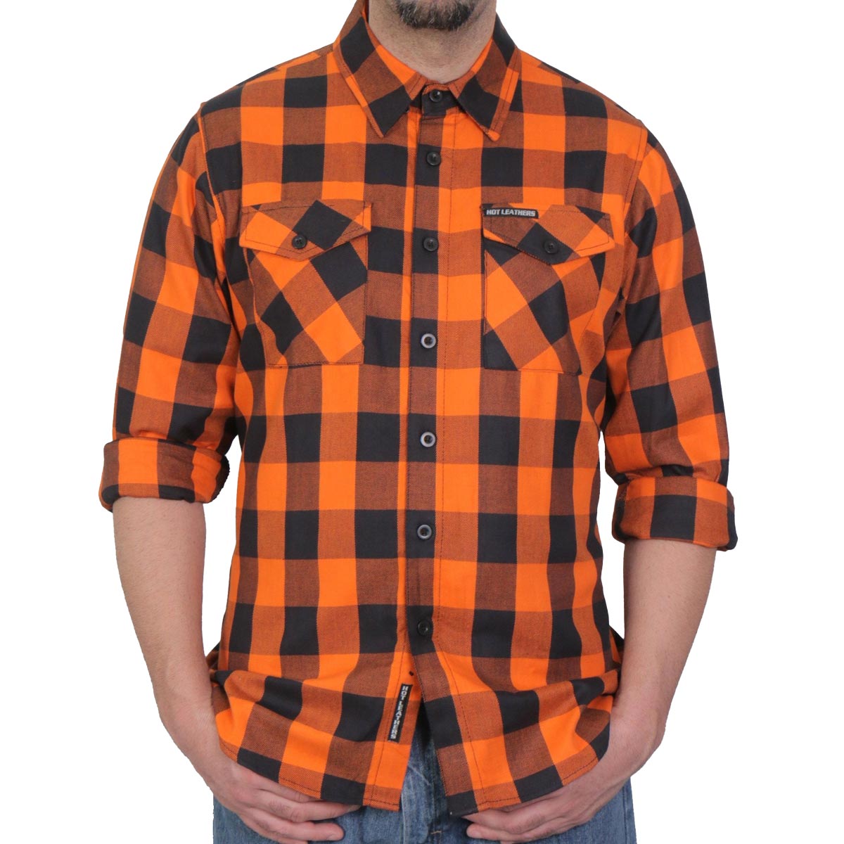 Men's "Road Vow" Orange/Black Plaid Flannel Shirt - Cotton Button Up Workwear - FLM2007