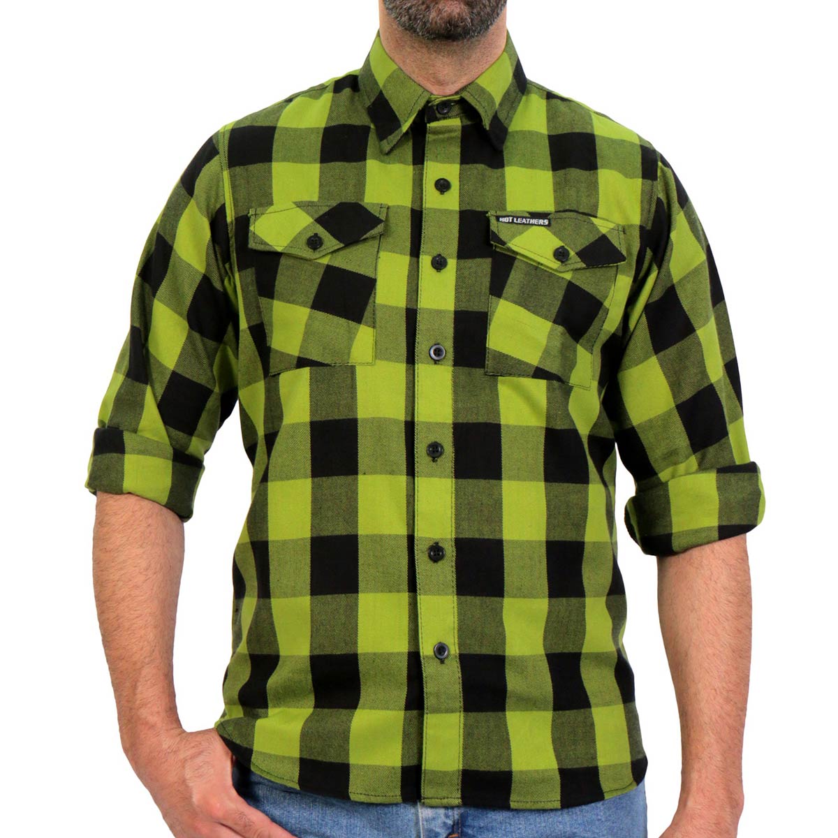 Men's "Broken Spoke" Llight Grey/Black Plaid Flannel Shirt - Cotton Button Up Workwear - FLM2015