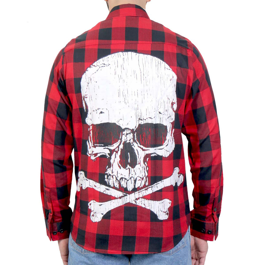 Men's "Skull & Bones" Black/Red Plaid Flannel Shirt - Cotton Button Up Workwear - FLM2103