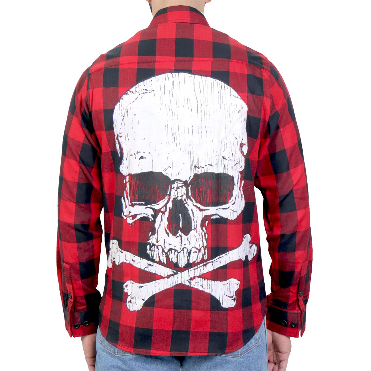 Men's "Skull & Bones" Black/Red Plaid Flannel Shirt - Cotton Button Up Workwear - FLM2103
