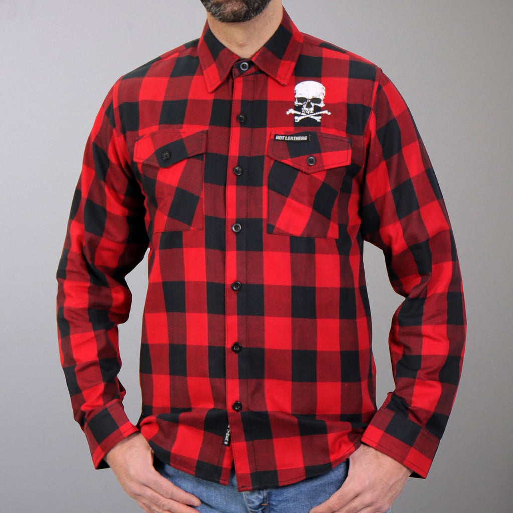 Men's "Skull & Bones" Black/Red Plaid Flannel Shirt - Cotton Button Up Workwear - FLM2103