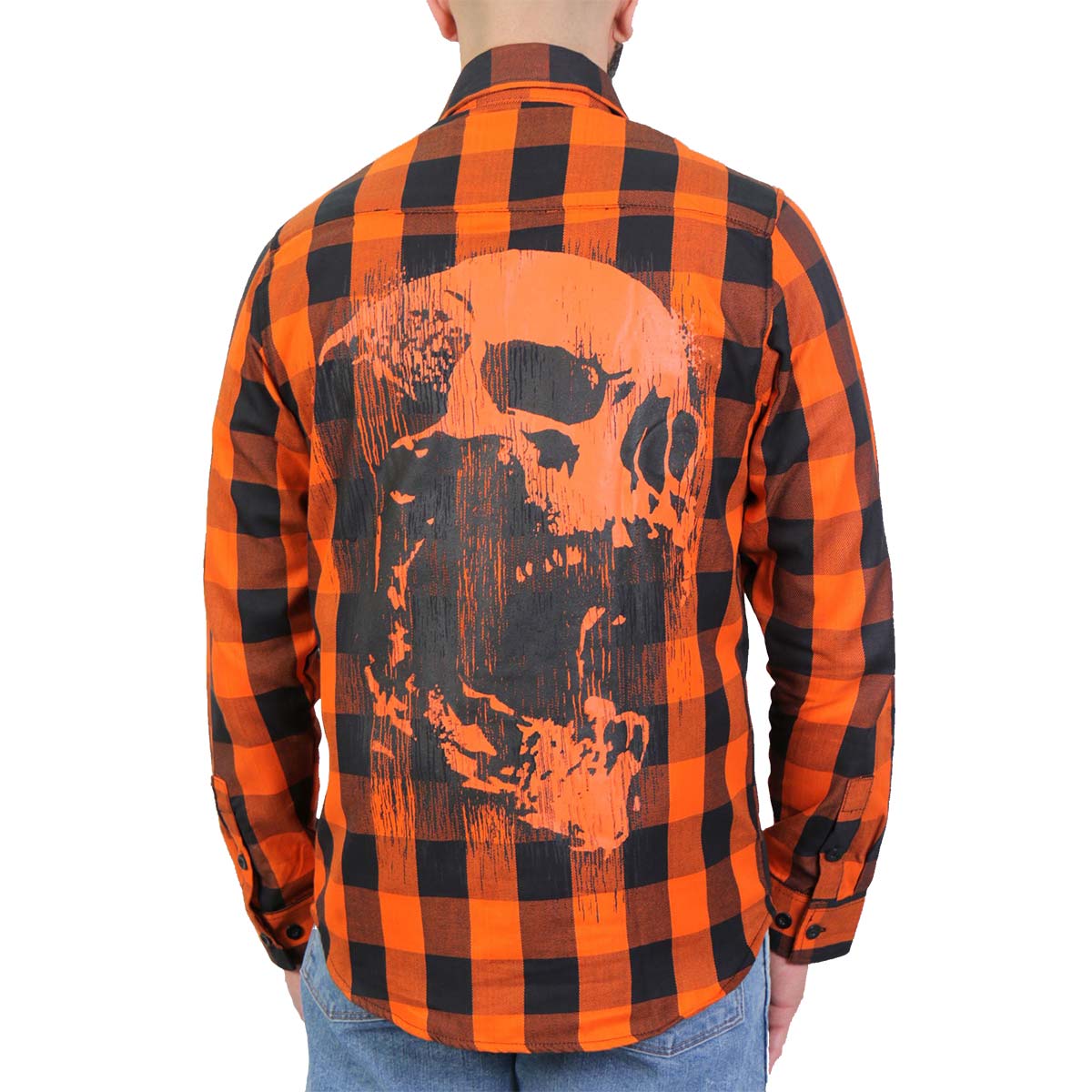 Men's "Ancient Skull" Black/Orange Plaid Flannel Shirt - Cotton Button Up Workwear - FLM2108