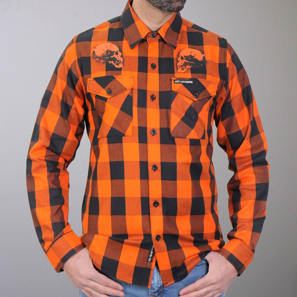 Men's "Ancient Skull" Black/Orange Plaid Flannel Shirt - Cotton Button Up Workwear - FLM2108