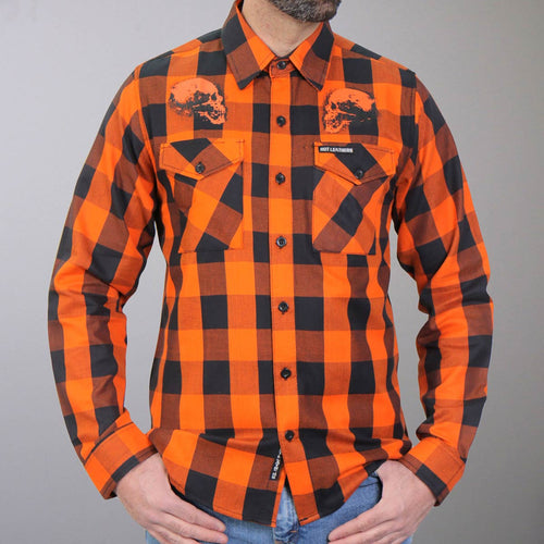 Men's "Ancient Skull" Black/Orange Plaid Flannel Shirt - Cotton Button Up Workwear - FLM2108