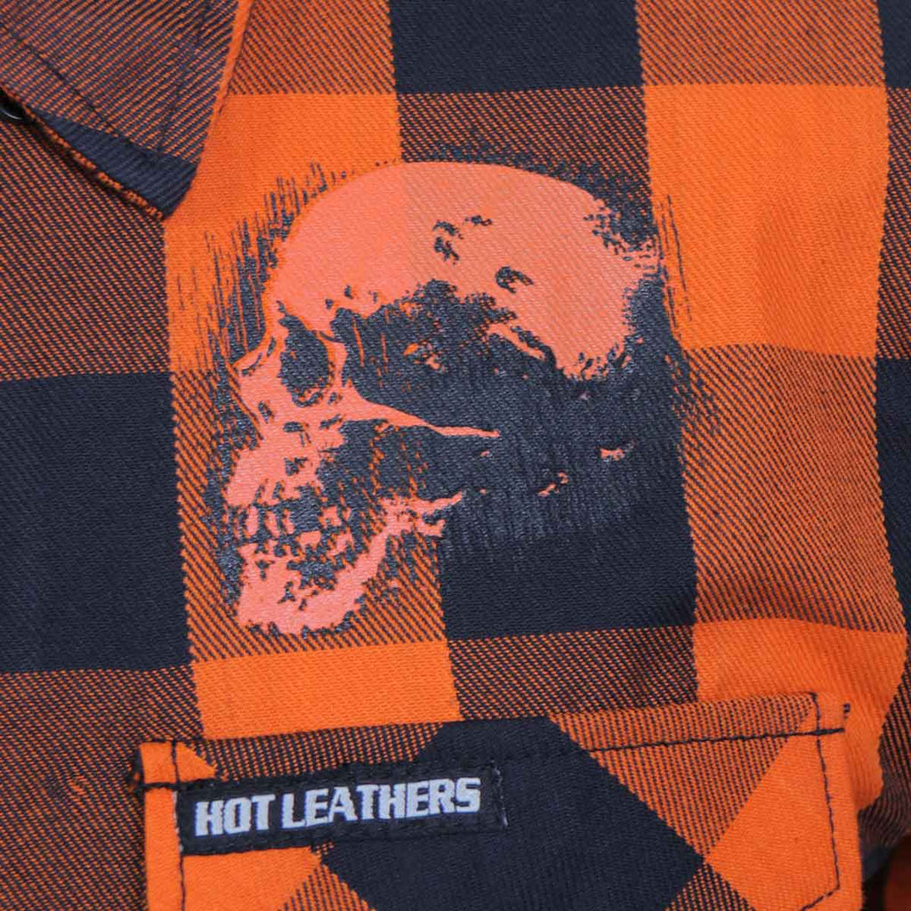 Men's "Ancient Skull" Black/Orange Plaid Flannel Shirt - Cotton Button Up Workwear - FLM2108