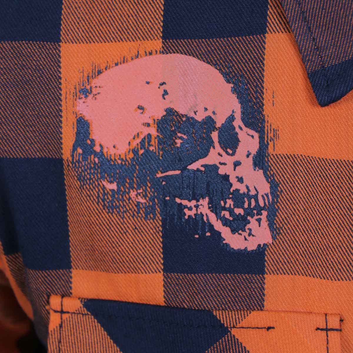 Men's "Ancient Skull" Black/Orange Plaid Flannel Shirt - Cotton Button Up Workwear - FLM2108