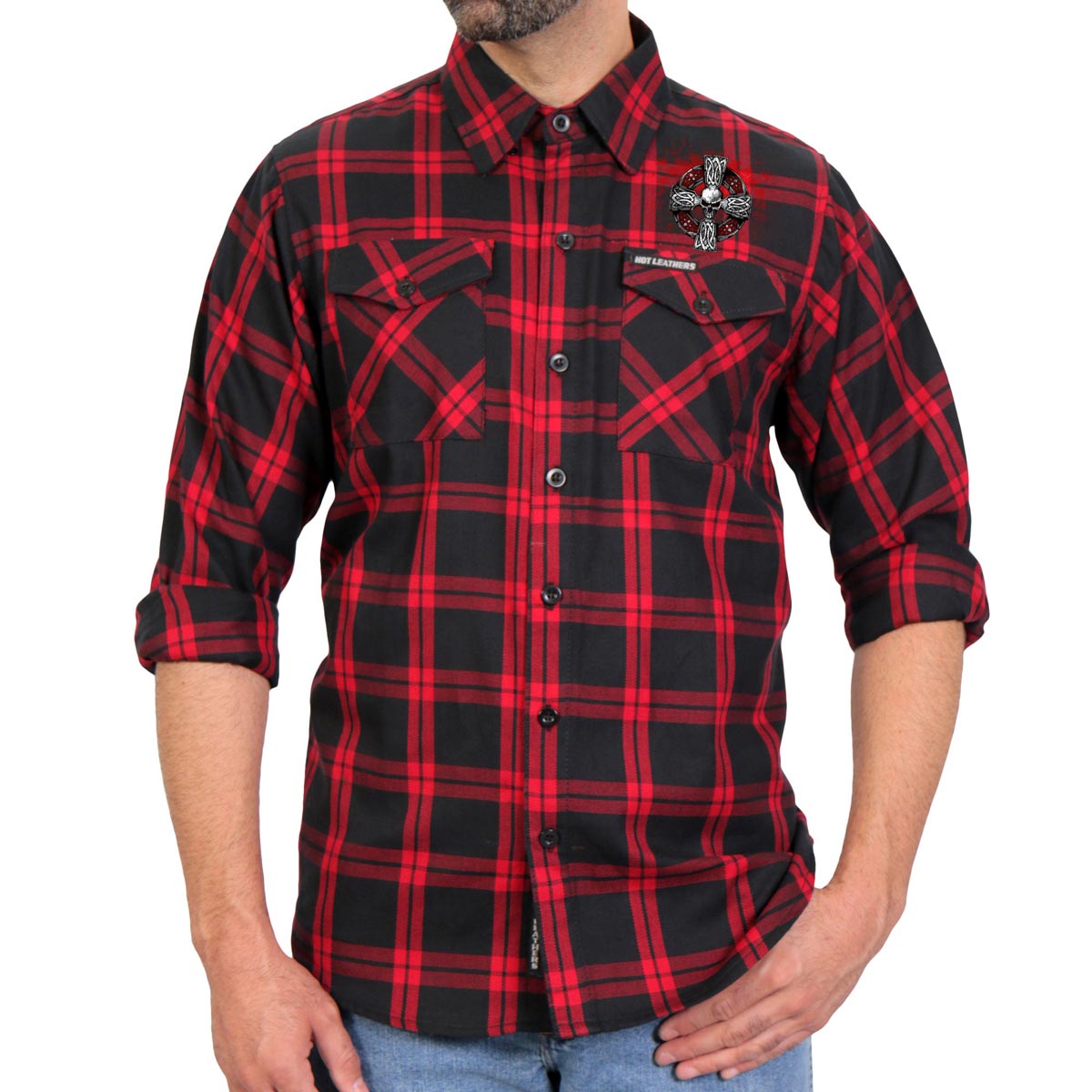 Men's "Celtic Cross" Red/Black Plaid Flannel Shirt - Cotton Button Up Workwear - FLM2112