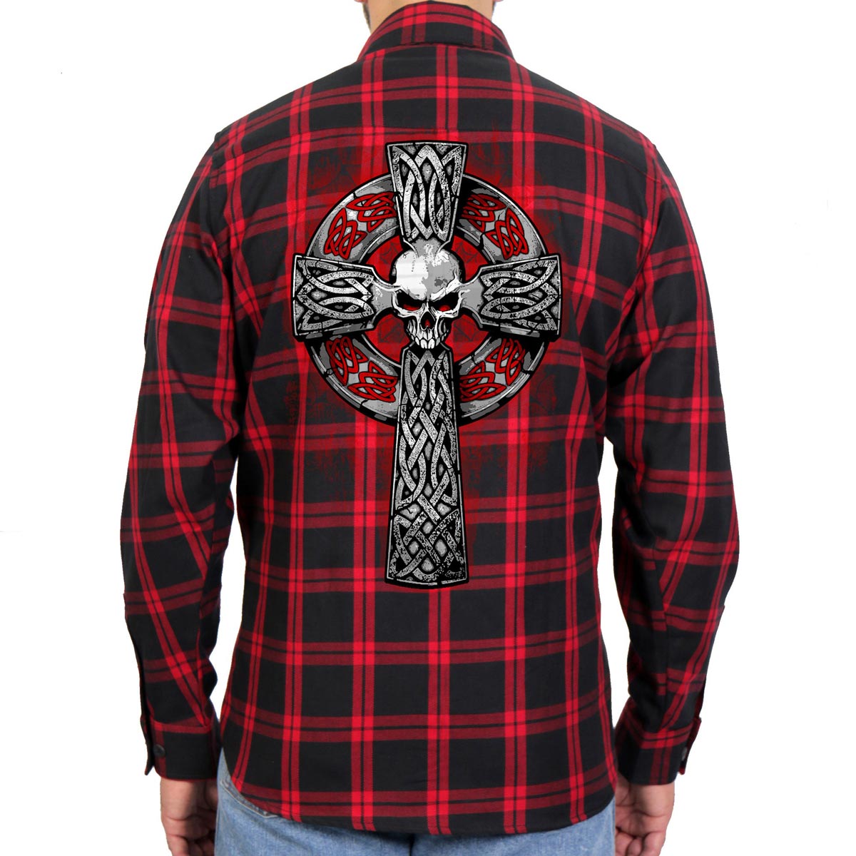 Men's "Celtic Cross" Red/Black Plaid Flannel Shirt - Cotton Button Up Workwear - FLM2112