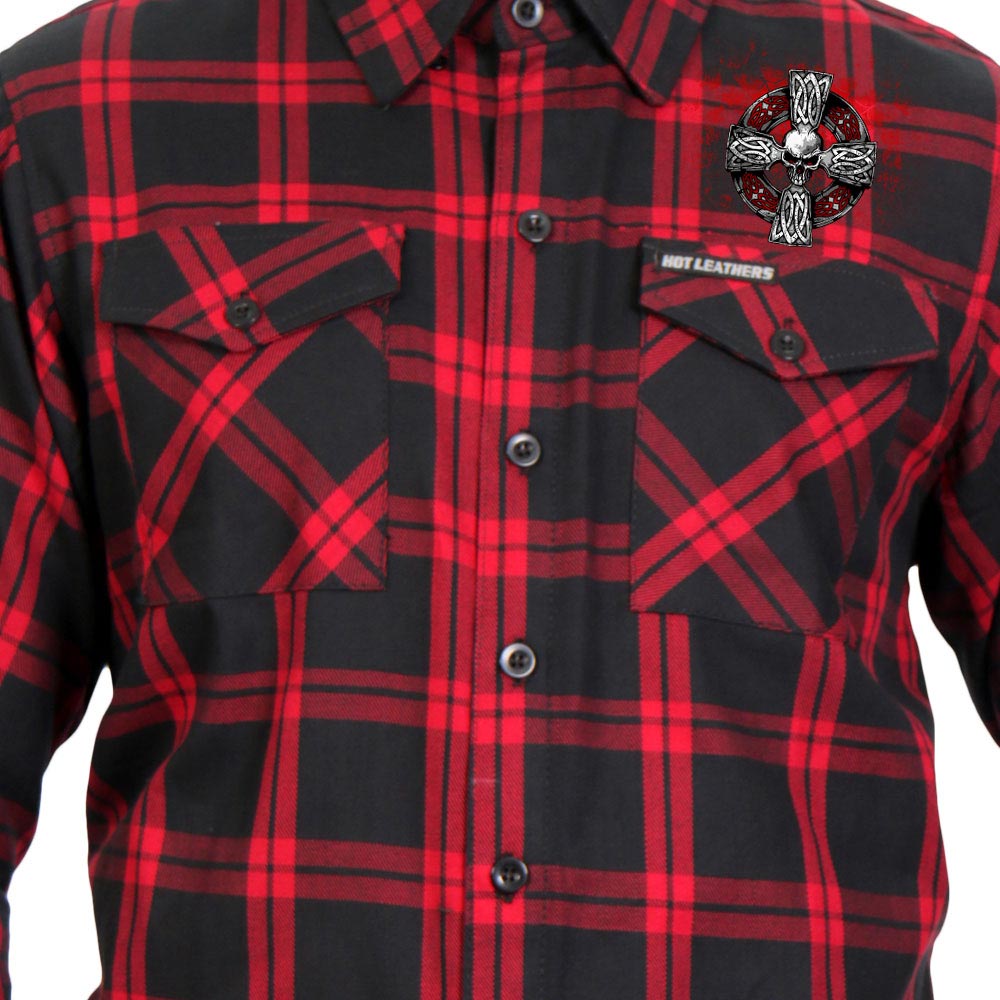 Men's "Celtic Cross" Red/Black Plaid Flannel Shirt - Cotton Button Up Workwear - FLM2112