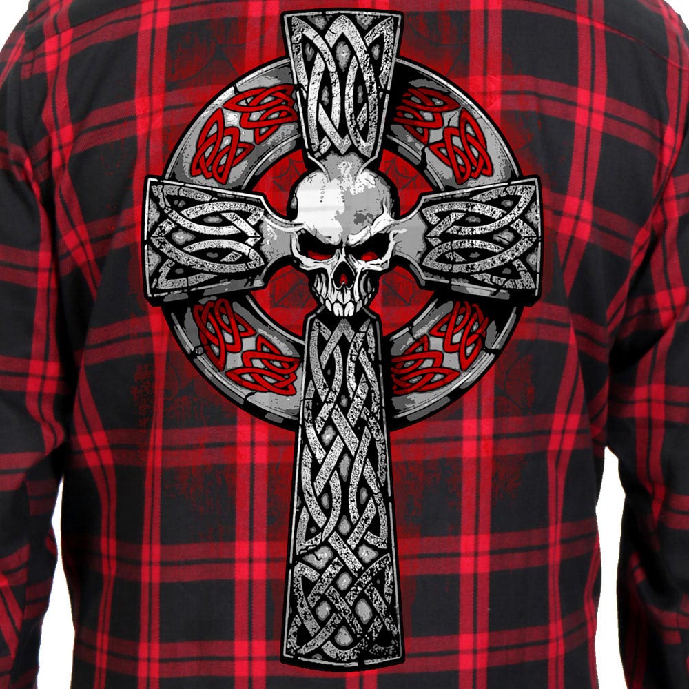 Men's "Celtic Cross" Red/Black Plaid Flannel Shirt - Cotton Button Up Workwear - FLM2112