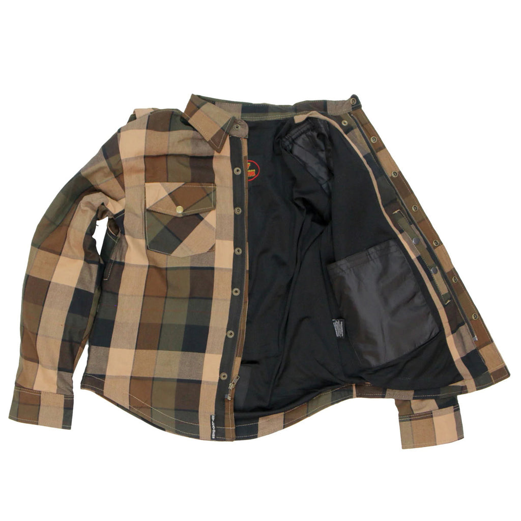 Men's "Riot Run" Brown/Black Armored Motorcycle Flannel Shirt - CE Protection Riding Shirt - JKM3007